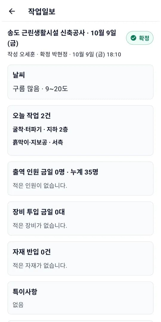 작업일보 화면: 기상청 날씨와 업체별 인원