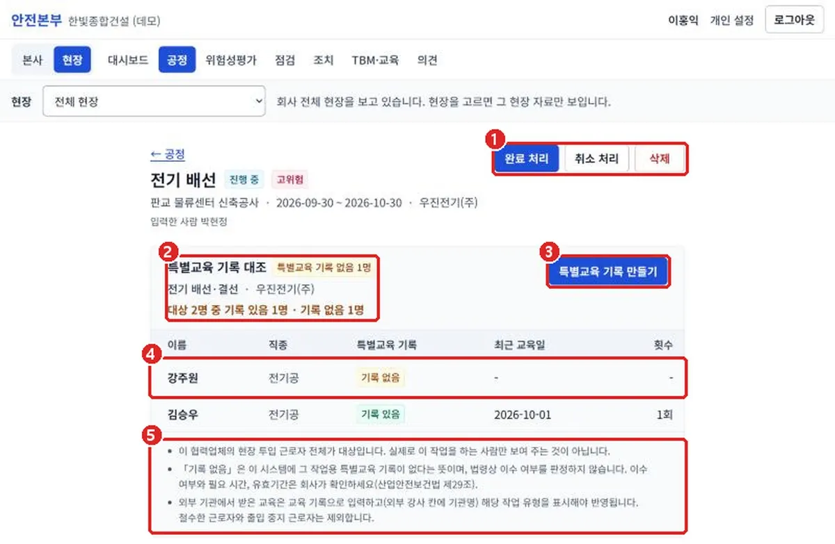 그림 3-6 공정 상세: 특별교육 기록 대조